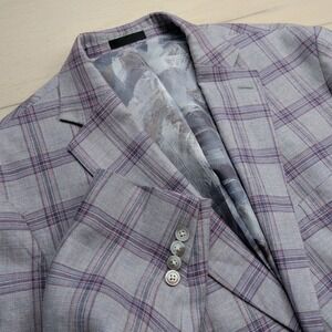 Tallia Sport Coat Blazer Mens 46R 100% Linen Gray Purple Windowpane Plaid Jacket
